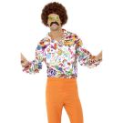 Mens 70s psychedelic disco shirt with peace signs and VW buses print