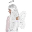 Silver tinsel halo headband and white angel wings costume accessory set