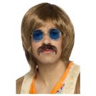 Adult 60s hippie rocker accessory kit with brown wig mustache and blue-tinted round sunglasses