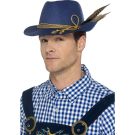 Navy blue Bavarian Oktoberfest hat with gold braided rope band and natural feathers