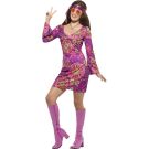 60s hippie flower power dress in purple pink and orange with bell sleeves