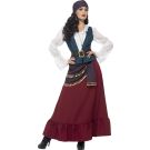 Caribbean costume womens full-length pirate wench dress with burgundy skirt and teal vest