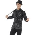Adult showman blazer in black sequins with structured shoulders and flap pockets