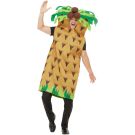 Adult wearing golden pineapple tunic costume with green leafy crown and coconut clusters