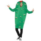 Adult cactus costume tabard in bright green with tan spike appliqués and red flower topper