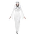 Adult women's haunted nun costume with white dress, grey headpiece, and veil