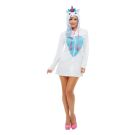 Womens white fleece unicorn costume dress with rainbow horn and blue faux fur mane hood