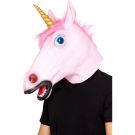 Adult pink unicorn latex mask with gold horn and hot pink mane front view