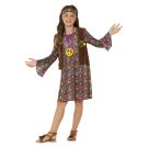 Girls 60s hippie costume with psychedelic floral dress and fringed brown waistcoat