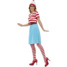Womens Wenda Where's Wally costume with red white striped dress blue skirt