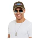 Adult Top Gun costume accessory kit with khaki cap, aviator sunglasses and dog tags on white background
