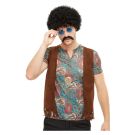 Adult 60s hippie accessory kit with black afro wig, round blue glasses, handlebar mustache and peace medallion necklace on white background