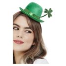 Bright green velour mini bowler hat with sequined shamrock on headband for St Patrick's Day