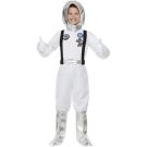 Child wearing full astronaut space explorer costume with mission patches and harness straps