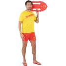 Red inflatable Baywatch rescue buoy with dual handles and logo badge