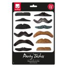 12 assorted self-adhesive fake moustaches in black, brown, and grey on white background