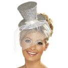 Silver glitter mini top hat headband with white mesh veil for 1920s costume
