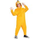 Child wearing yellow duck onesie with structured character hood and elastic cuffs