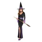 Gothic sorceress costume showing mermaid-style skirt and coordinated purple trim details
