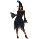 Womens celestial witch costume with off-shoulder black top, layered moon and star skirt, pointed hat