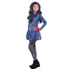 Girls Descendants Evie costume dress with metallic blue moto jacket, printed leggings, and red gloves