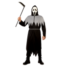 Adult grim reaper halloween costume with grey and black hooded robe