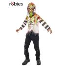 Kids toxic zombie costume with hooded shirt and plastic mask showing neon green slime and blood splatter effects