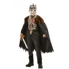Kids skeleton king costume with printed rib shirt, tattered cape and skull mask with silver crown