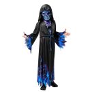 Kids blue flame reaper costume with hooded black robe and skull mask
