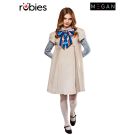 Adult women's M3GAN dress costume with beige A-line tunic and striped sleeves