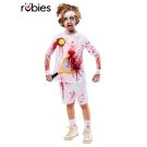 Child wearing white zombie tennis costume with blood splatter print and racquet detail