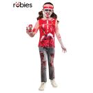 Kids zombie fast food worker costume with red tunic, blood splatter print and visor