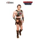 Adult He-Man deluxe muscle costume with 3D padded chest and arms, metallic chest harness and leather-look tunic