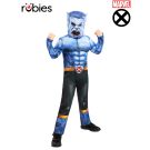 Kids Beast X-Men costume blue muscle jumpsuit with character mask front view