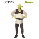 Adult Shrek costume with green latex mask, cream tunic, dark brown vest and tartan trousers