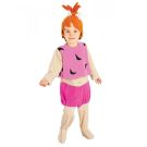 Kids Pebbles Flintstone costume with pink spotted fleece jumpsuit and orange headpiece
