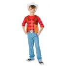 Kids Dino Ranch Jon cowboy costume with red plaid jumpsuit and white hat