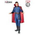 Adult Dr Strange deluxe costume with blue tunic, red cloak, and Eye of Agamotto medallion