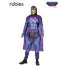 Adult Skeletor Deluxe Muscle Costume full body view with EVA skull mask and purple cape