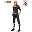 Women's Captain Marvel deluxe costume with navy jumpsuit, red cape and gold star emblem