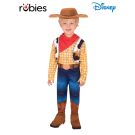 Kids Sheriff Woody costume full view - printed cowboy jumpsuit with plaid shirt and vest design, red bandana, brown felt hat