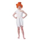 Girls Wilma Flintstone costume with white dress, orange bun headpiece and pebble necklace