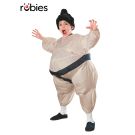 Adult inflatable sumo wrestler costume with black mawashi belt and topknot headpiece