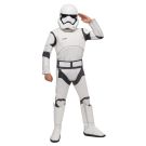 Child wearing white Star Wars First Order Stormtrooper costume with molded helmet and digitally printed armor jumpsuit