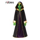 Kids alien costume with black hooded robe, gold trim, purple starfield panel, green mask and three-finger foam gloves