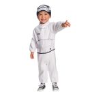 Toddler wearing white Star Wars Stormtrooper fleece jumpsuit with printed armor and matching beanie