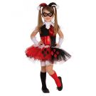Girls Harley Quinn tutu costume with red and black checker bodice and layered diamond-print skirt