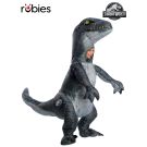 Child wearing stone-grey Velociraptor Blue inflatable costume with metallic blue stripe and articulated tail