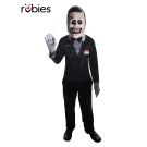 Kids horror salesman costume with pinstripe jacket, creepy mask and white gloves