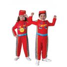 Kids Hot Wheels racing costume with red jumpsuit, checkered flags and cap